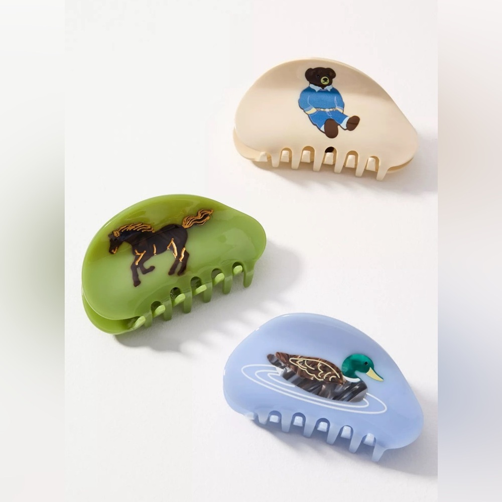 NWT Anthropologie Assorted Icon Hair Claw Clips Set of 3 Duck Bear Horse